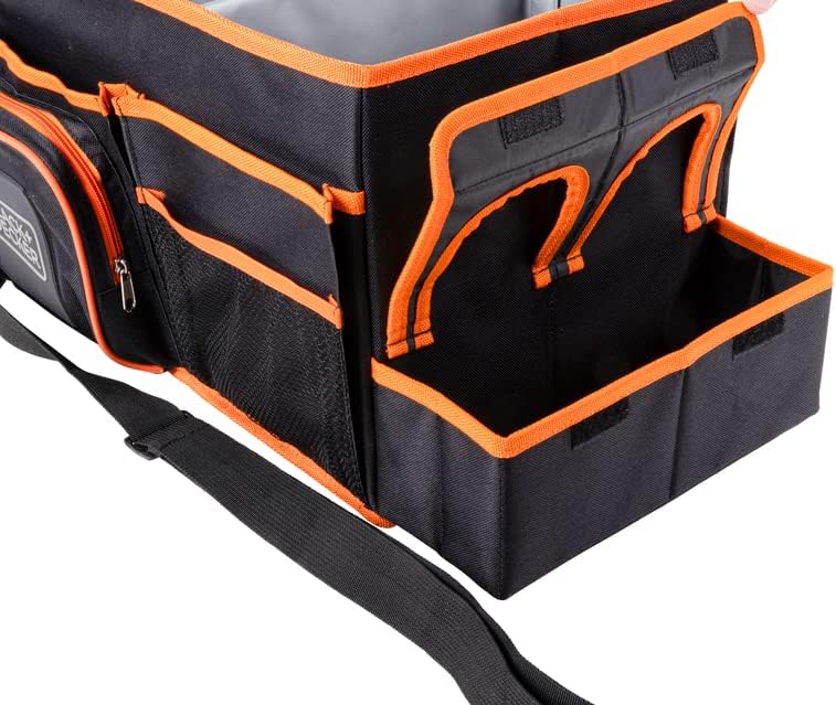 BLACK+DECKER Kofferraum-Organizer – 47,5 x 25 x 30 cm – mit Tragegurt – Getränkehalter – Grau/Orange