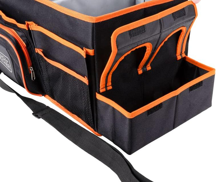 BLACK+DECKER Kofferraum-Organizer – 47,5 x 25 x 30 cm – mit Tragegurt – Getränkehalter – Grau/Orange