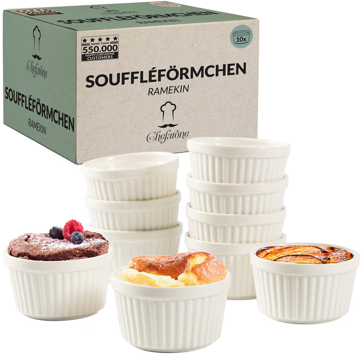 Chefarone® Soufflé Förmchen Backofenfest 10er Set - Creme Brulee Schälchen Keramik zum Backen und An