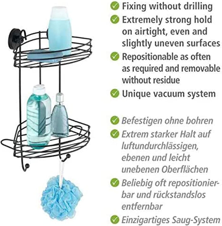 WENKO Vacuum-Loc® Eckregal 2 Etagen Schwarz, Duschablage mit 2 Ebenen und 2 Haken aus lackiertem Sta