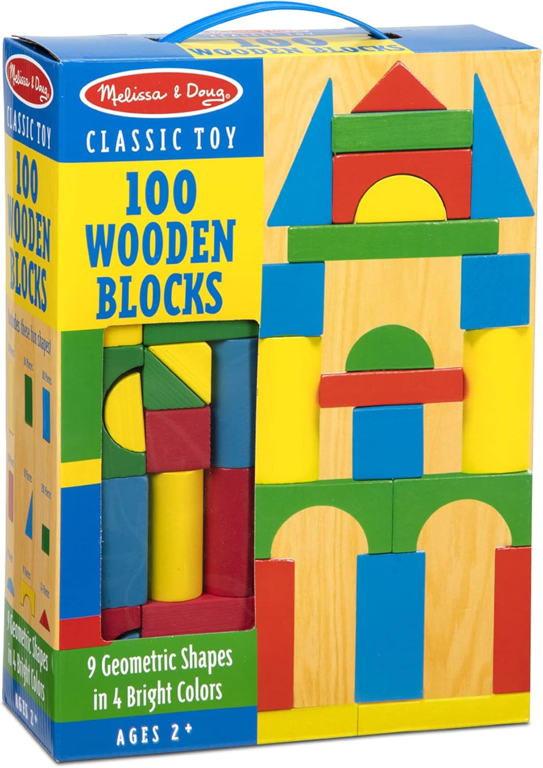 Melissa & Doug - Bauklötzchenset aus Holz (pädagogisches Spielzeug, 100 Blöcke in 4 Farben und 9 For