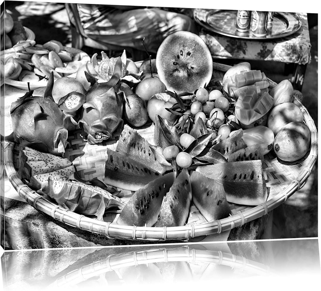 Pixxprint exotischer Fruchtteller / 100x70cm Leinwandbild bespannt auf Holzrahmen/Wandbild Kunstdruc