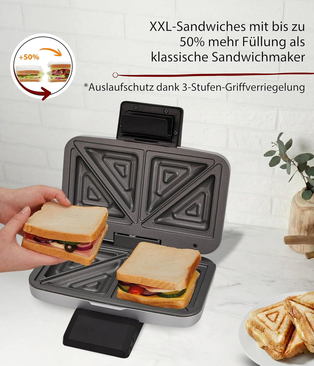 Cloer 6259 Sandwichmaker, 900 W für 2 diagonal geteilte Toasts, American Toasts, XXL Füllungen Silbe