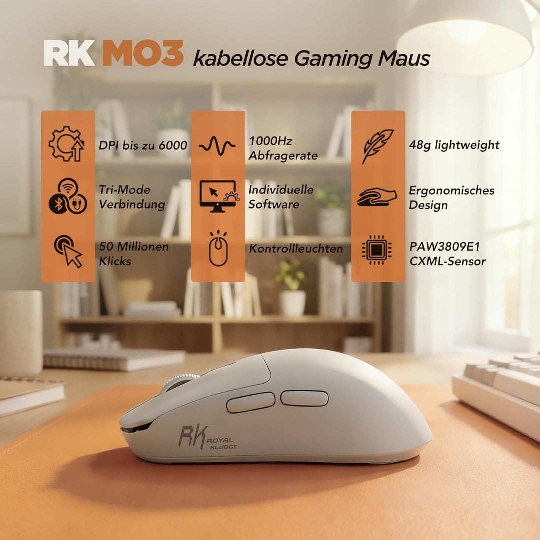 RK ROYAL KLUDGE MO3 Gaming Maus Kabellose PAW3809 6K DPI 48g leichte Computer Maus Bluetooth/2.4G/Ka