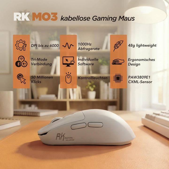 RK ROYAL KLUDGE MO3 Gaming Maus Kabellose PAW3809 6K DPI 48g leichte Computer Maus Bluetooth/2.4G/Ka