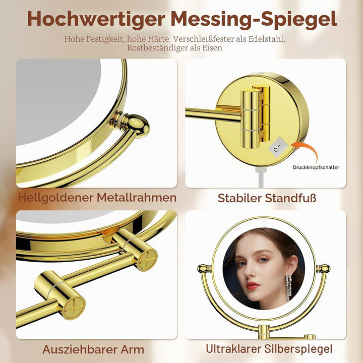 Nicesail Wand Kosmetikspiegel mit Beleuchtung 10x - 360° Ausziehbare Drehung - Dünner Rahmen - mit S