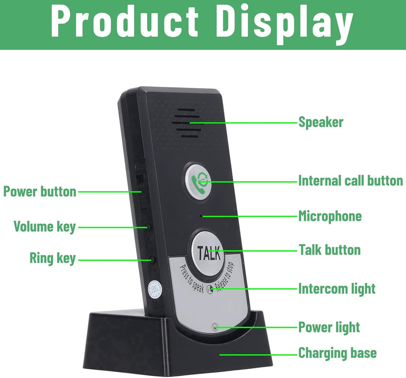 Drahtlose Intercom-Türklingeln, 1000 M Entfernung, Wiederaufladbar, 2-Wege-Sprach-Intercom-Türklinge