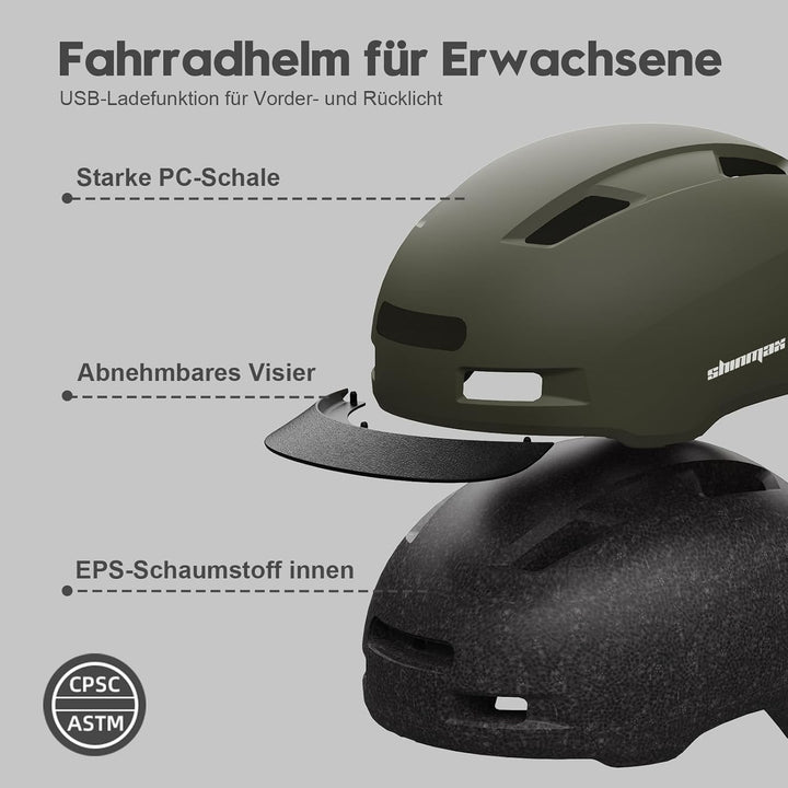 Shinmax Fahrradhelm Herren Damen, Helm Fahrrad mit USB Licht 5 Modi Fahrradhelm mit Visier, Mountain