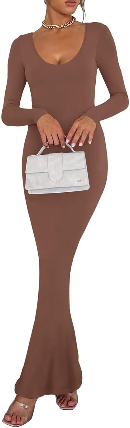 REORIA Damen Sexy U-Ausschnitt Langarm Lounge Langes Kleid Gerippte figurbetonte Maxikleider S Kaffe