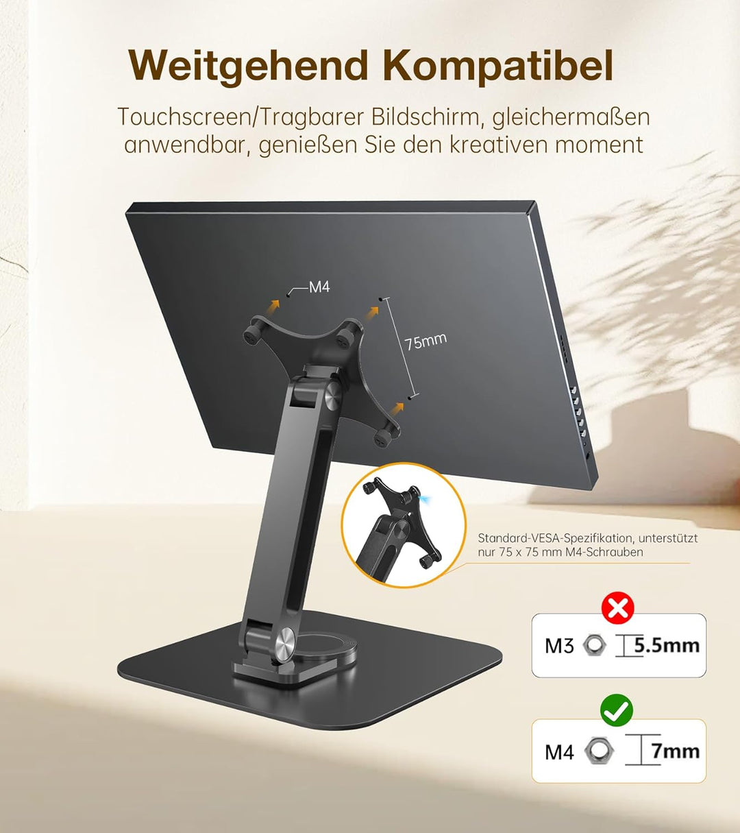 Monitorständer Einstellbarer mit 360° drehbarer Basis, Ergonomisch Tragbarer Monitorhalter, VESA 75x