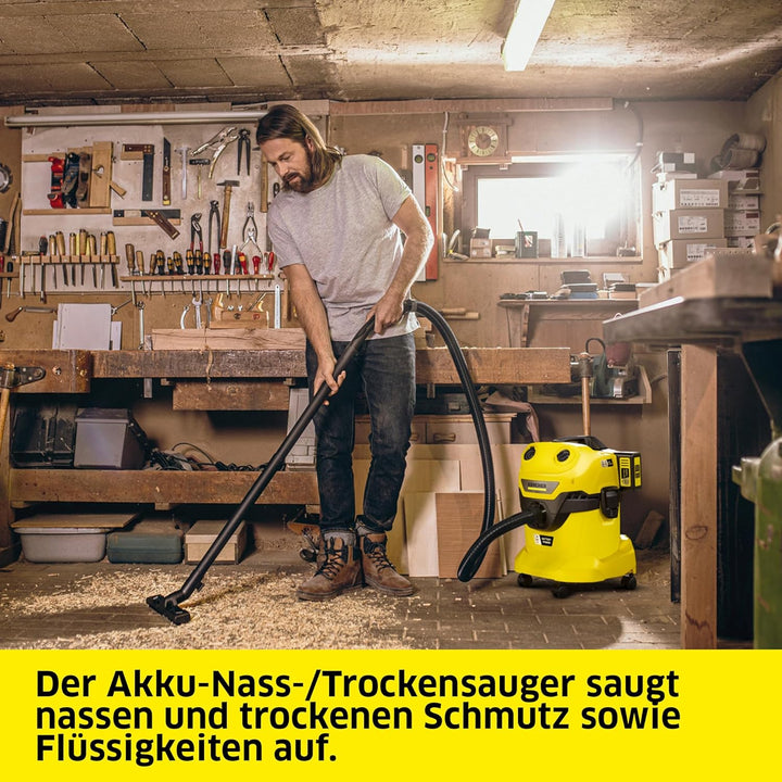 Kärcher Akku-Nass-/ Trockensauger WD 4-18 Dual, 335 W, 20 liters, ohne Akku und Ladegerät, gelb