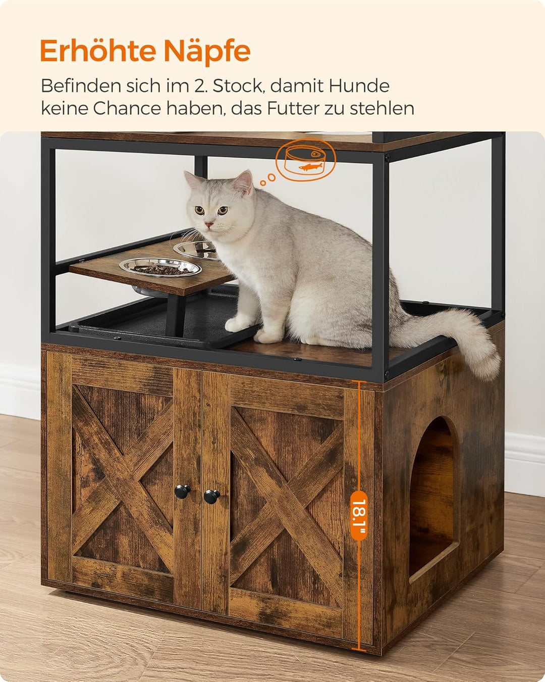 Feandrea Kratzbaum, Katzenbaum, Katzenhaus mit Katzenklo-Schrank, erhöhter Napfständer, Sisalstamm,