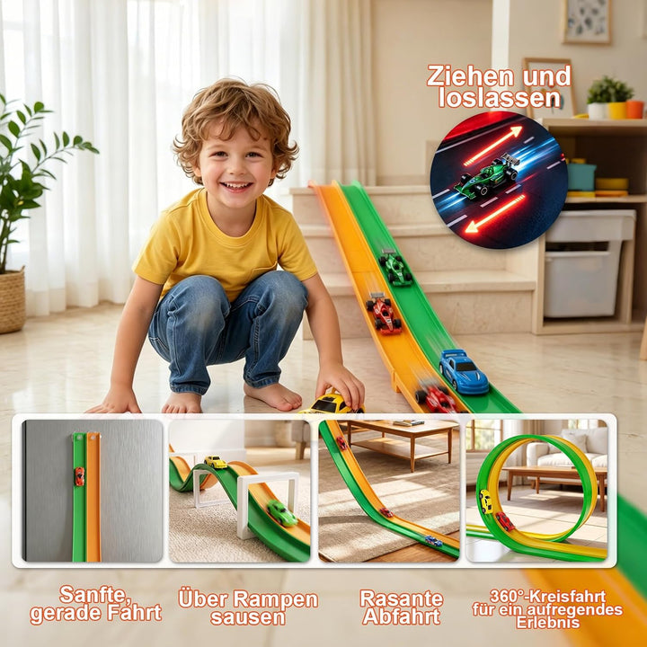 Flexible Autorennbahn Kinder - 5M Autorennbahn Spielzeug aus Silikon mit Saugnapf, 4 Spielzeugautos,