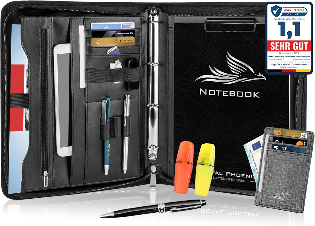 Royal Phoenix® Business Schreibmappe A4 'Hawk' - Hochwertige Ringbuchmappe mit Reissverschluss - ink