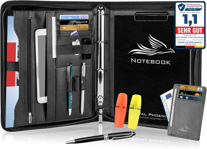 Royal Phoenix® Business Schreibmappe A4 'Hawk' - Hochwertige Ringbuchmappe mit Reissverschluss - ink