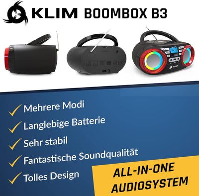 KLIM B3 Tragbarer CD Player - NEU 2024 - FM Radio, CD, MP3, Bluetooth, AUX, USB, RGB LED - CD Boombo