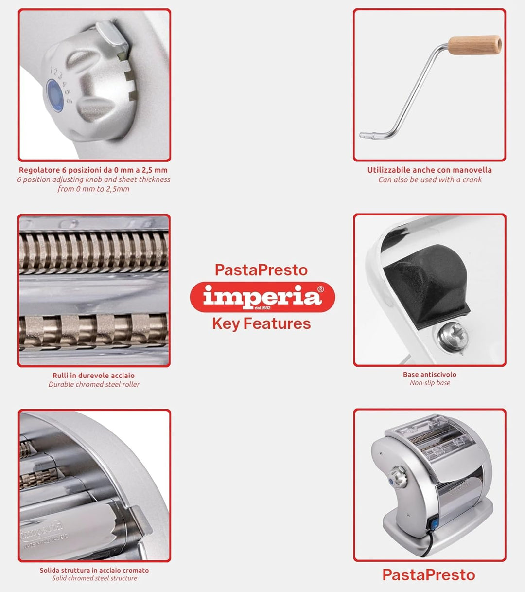 Imperia Pastapresto. Elektrische Nudelmaschine 100% Made in Italy. Frischpastamaschine aus Stahl mit