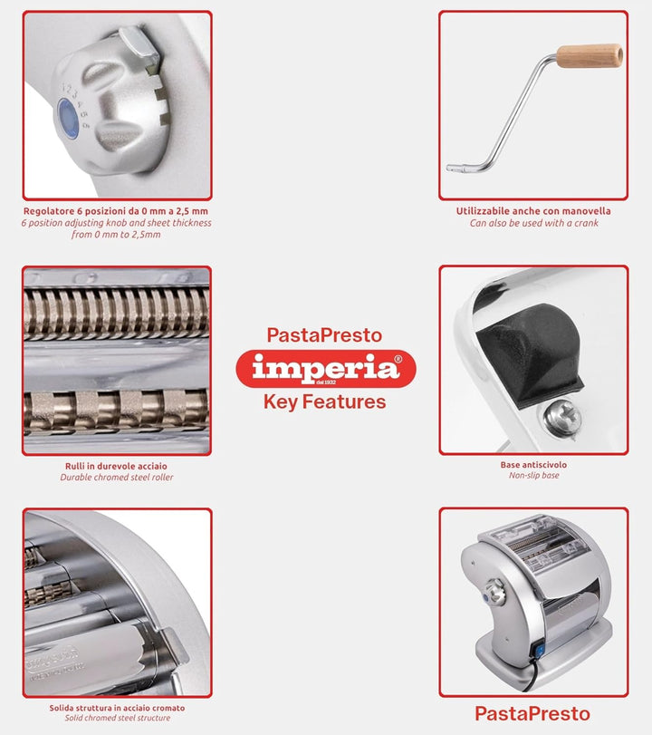 Imperia Pastapresto. Elektrische Nudelmaschine 100% Made in Italy. Frischpastamaschine aus Stahl mit