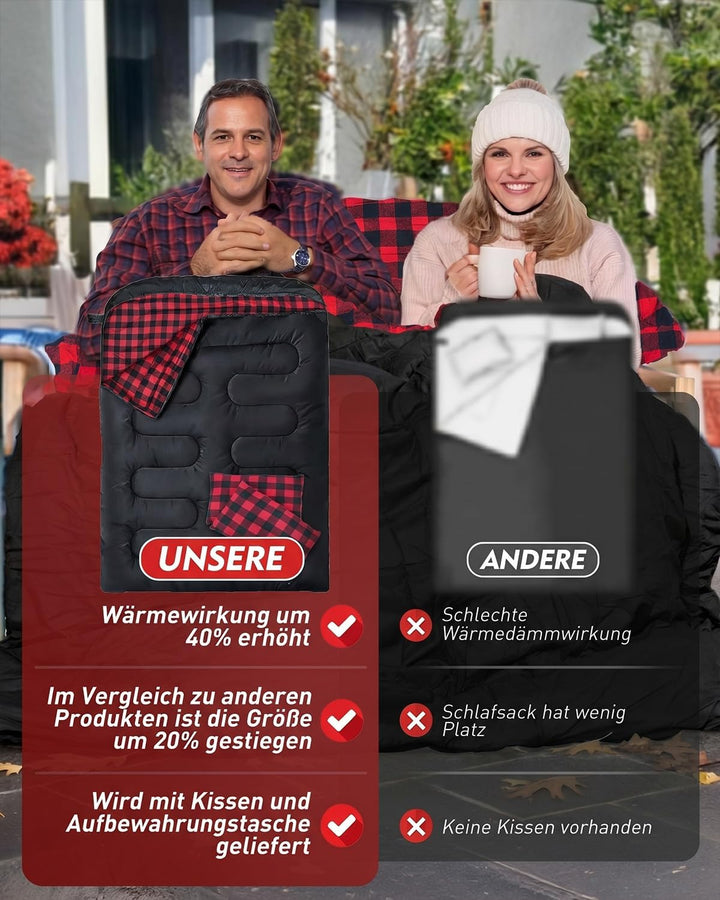 Doppelschlafsack Flanell, 2 Personen Schlafsack Outdoor 220 x 160 cm, Verbesserter Doppel Zippern, m