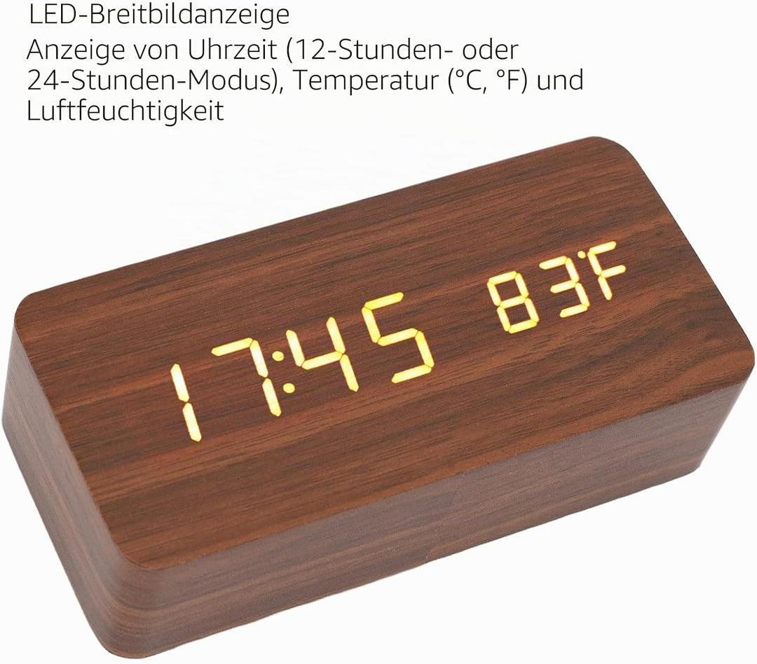 LED Tischuhr Holzoptik, Wecker Digital Funkuhr, Digitaler Wecker mit 3 Helligkeitsstufen, Elektronis