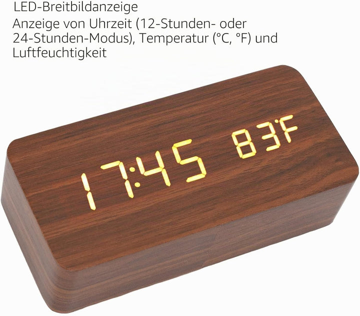 LED Tischuhr Holzoptik, Wecker Digital Funkuhr, Digitaler Wecker mit 3 Helligkeitsstufen, Elektronis
