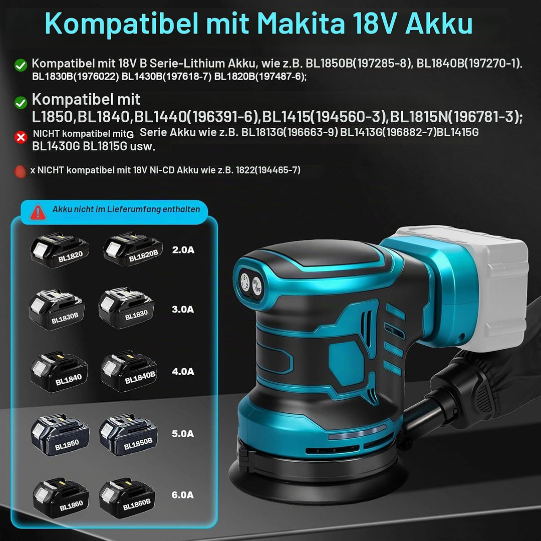 Exzenterschleifer für Makita 18V Akku(no Akku),125mm Schleifmaschine, 3 Geschwindigkeiten 7,000-11,0