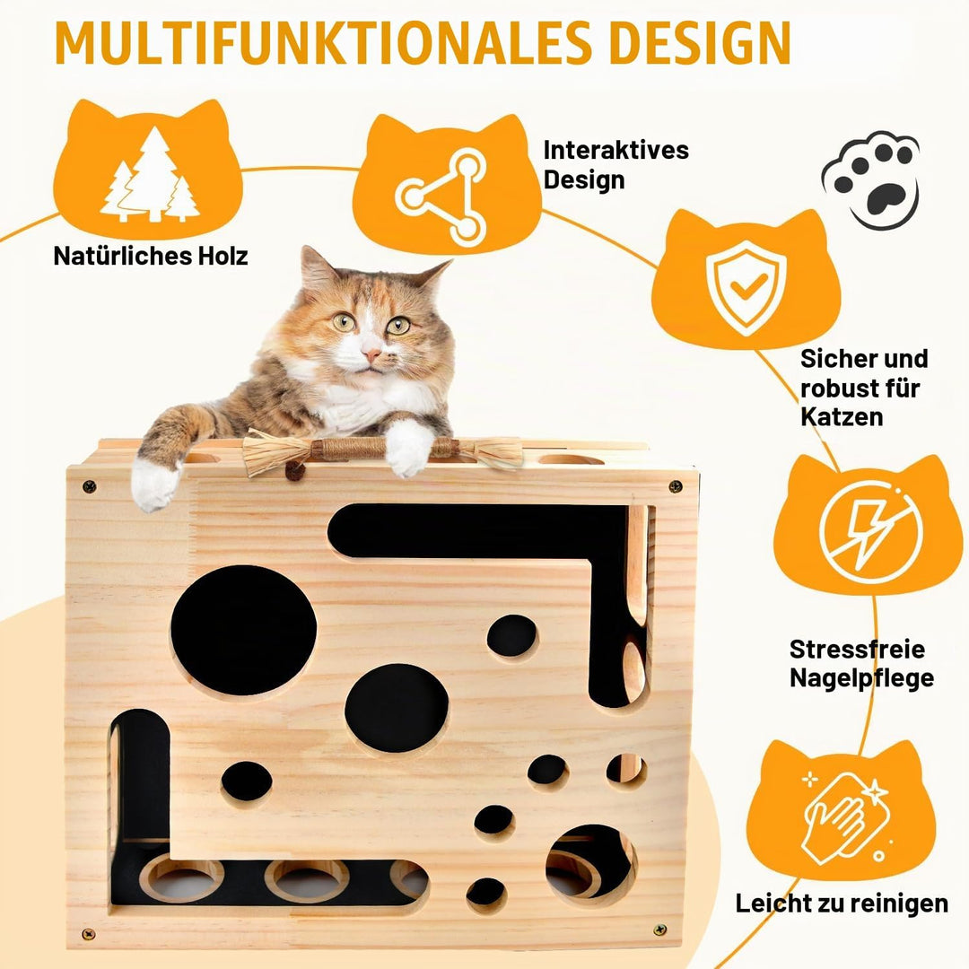 Katzen Krallenpflege Spielzeug, 30*25CM Kratzpuzzle Spielbox Holz Katzen mit 3 Ball 2 Minzstange, In
