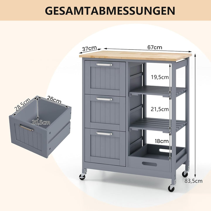 GOPLUS Küchenwagen mit Stauraum, Servierwagen auf Rädern mit 3 tiefen Schubladen, offenen Regalen &
