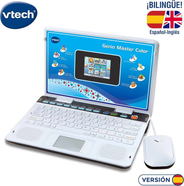 VTech Genio Zweisprachiger Master, Laptop für Kinder, Bildschirm, unterrichtet Vokabeln, Mathematik,