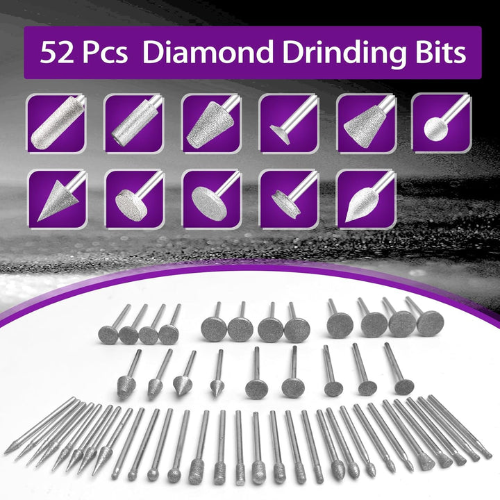 52 Stück Diamant Fräser Set mit Sortierbox, Kompatibel mit Dremel Schleifaufsätze Rotary Tool Zubehö