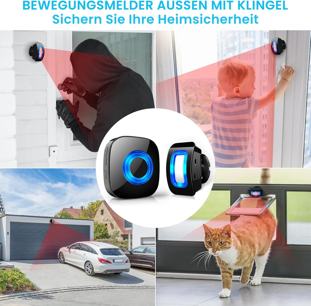 Bewegungsmelder mit Alarmdetektor,Kabellose Haussicherheits Alarmanlage, Reichweite bis 120-150M bei
