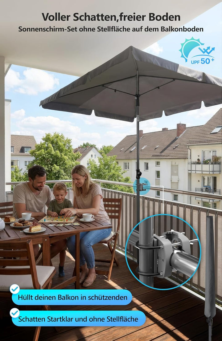 4smile Sonnenschirm Balkon im Set – Sonnenschirm rechteckig 210×140 cm, UV 50+ Sonnenschutz Balkon,