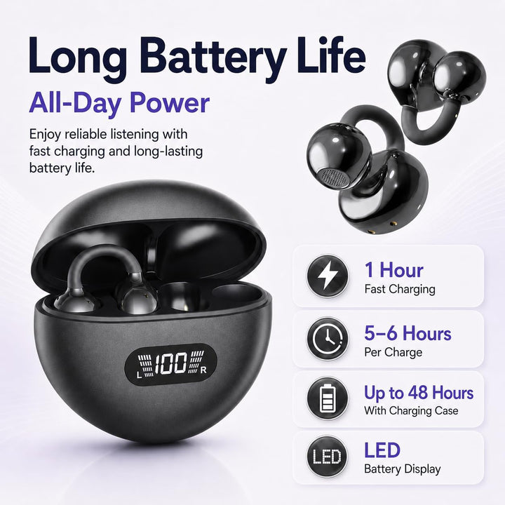 Bluetooth Kopfhörer 6.0, Open Ear Clip-On Kopfhörer Kabellos mit ENC Mikrofon, LED Anzeige, 48H Akku