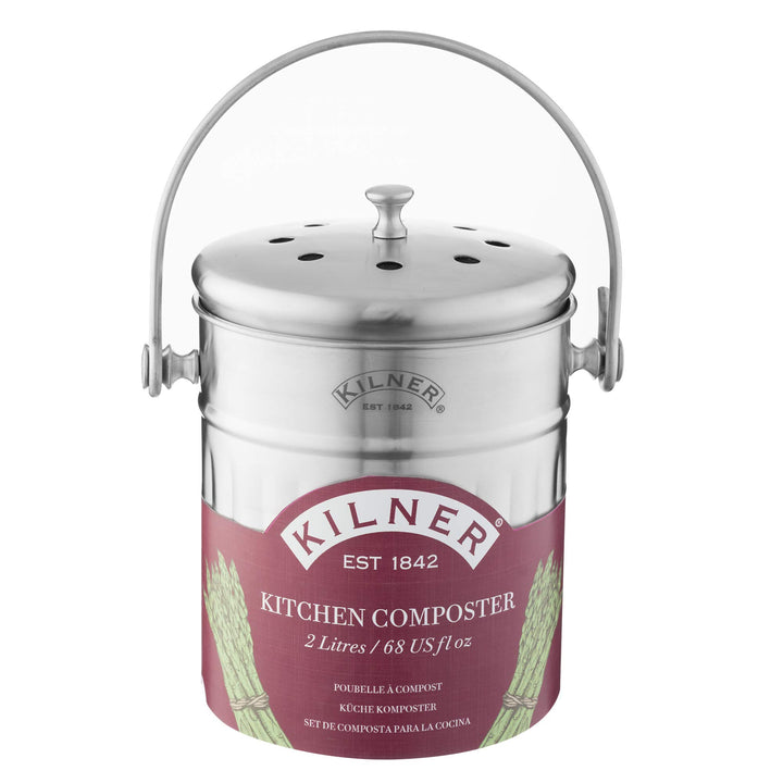 Kilner Küchen Komposter Edelstahl | 2 Liter Biomülleimer Küche | 17,5x14,5x20 cm | Deckel mit Luftlö
