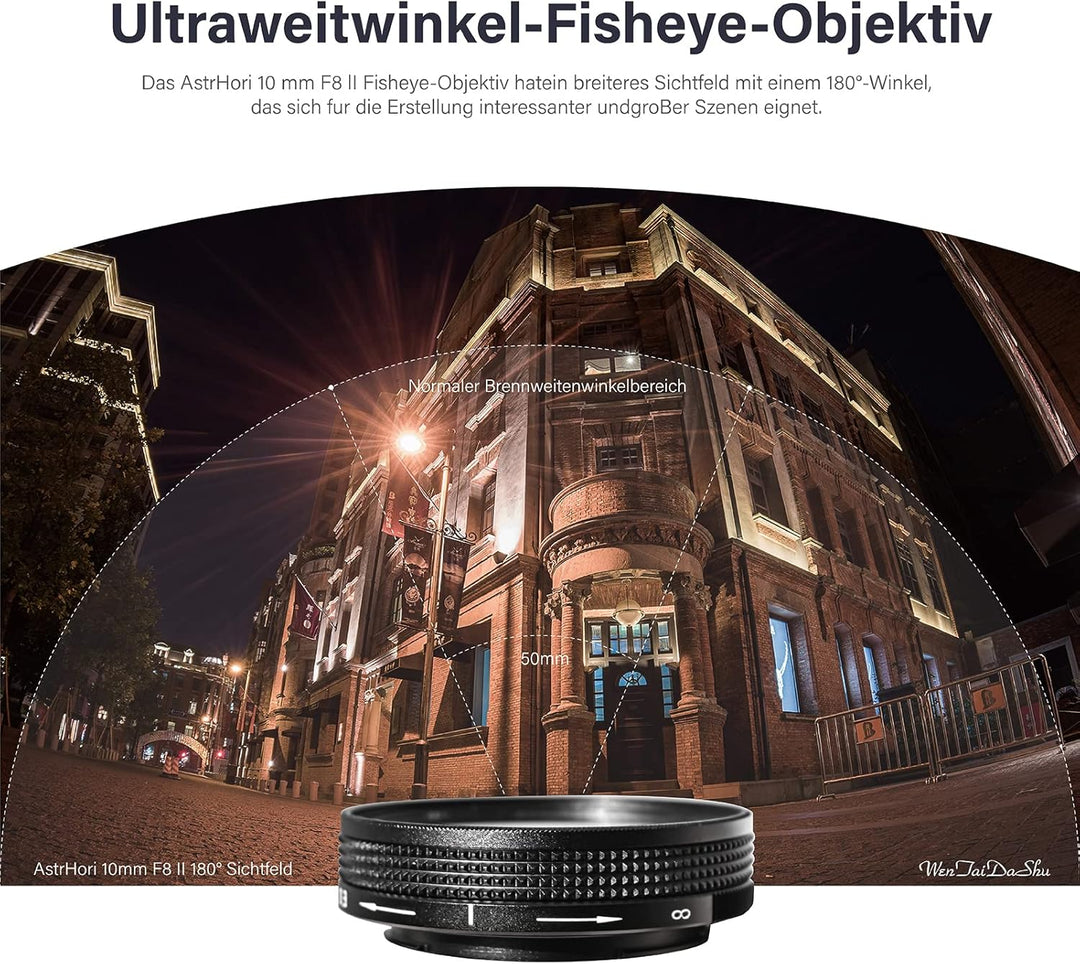 AstrHori 10 mm F8 II Ultraweitwinkel Fischaugenlinse Manuelles APS-C-Objektiv Kompatibel mit Panason