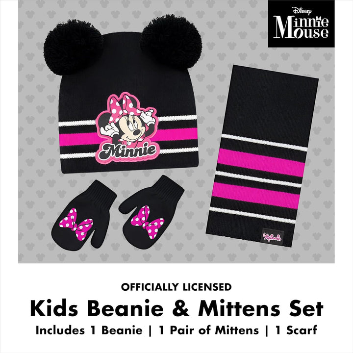 Disney Girls Winter Hat, Minnie Mouse Kids Beanie, Gloves and Scarf Set, Black Mittens-Age 2-4