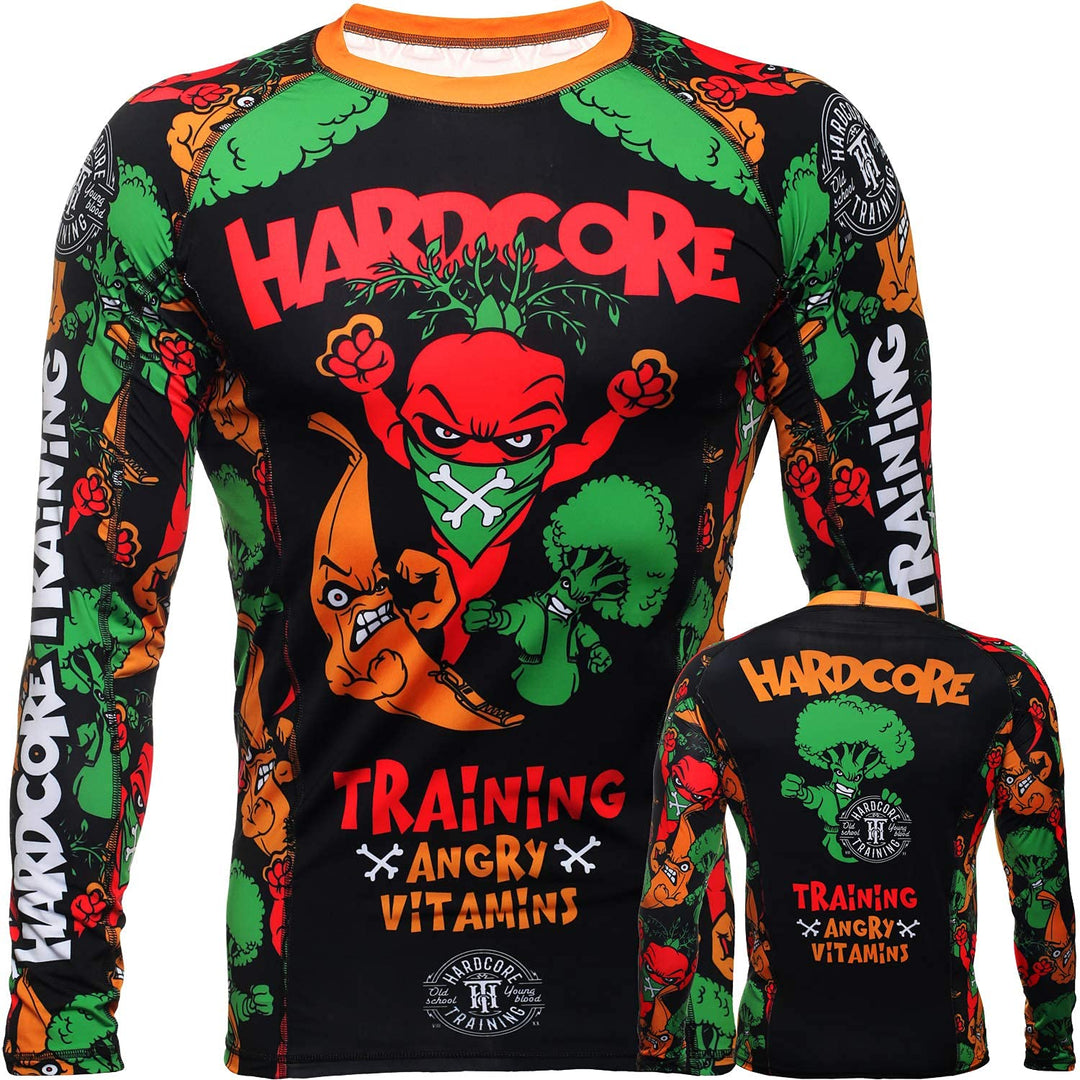 Hardcore Training Angry Vitamins Schwarz Rash Guard Men's Kompressionshemd Herren Lange Ärmel Grappl