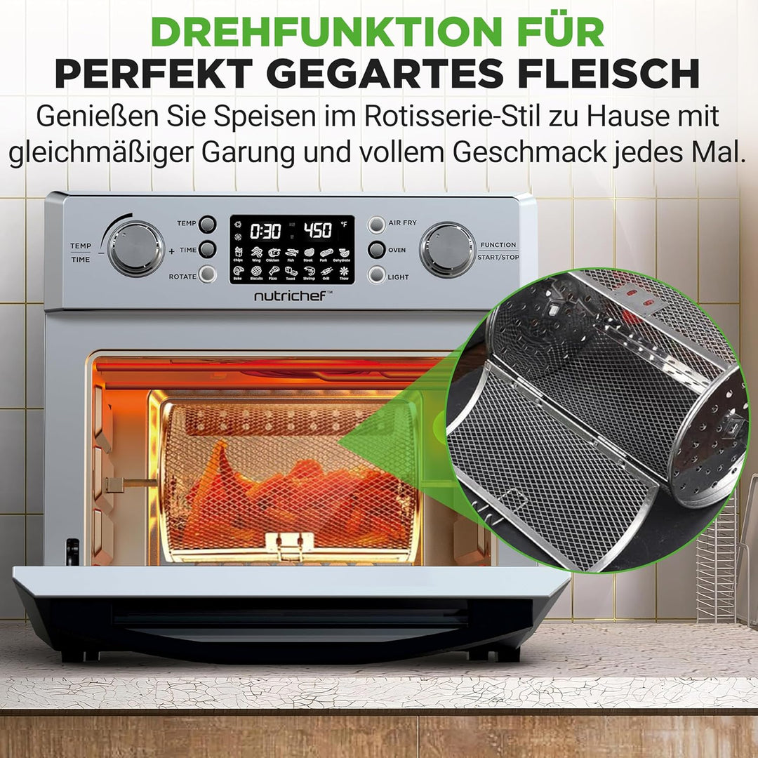 NutriChef Heissluftfritteuse 26L – Multifunktionaler Airfryer Ofen mit Rotisserie & Dampfgarer | 10-
