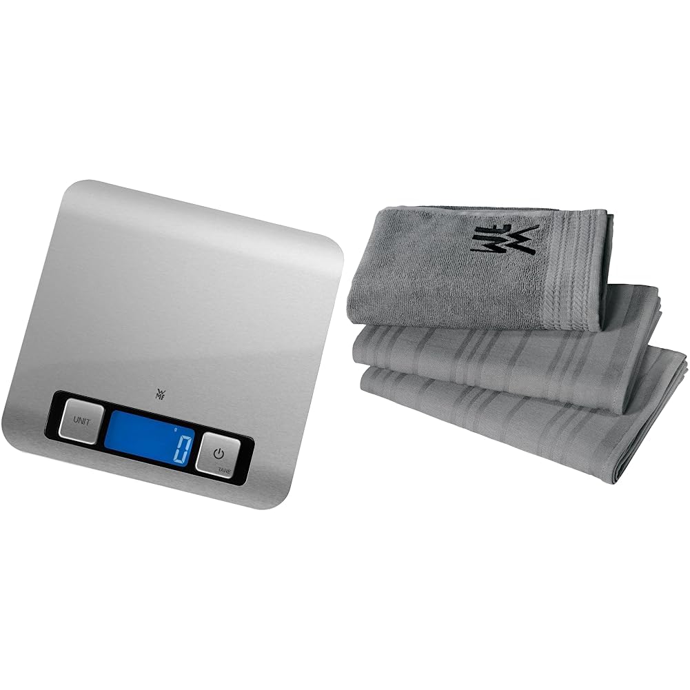 WMF Digitale Küchenwaage 20 x 20 x 1 cm, Backwaage & Küchenhandtuch-Set 3-teilig, Baumwolle Küchentü