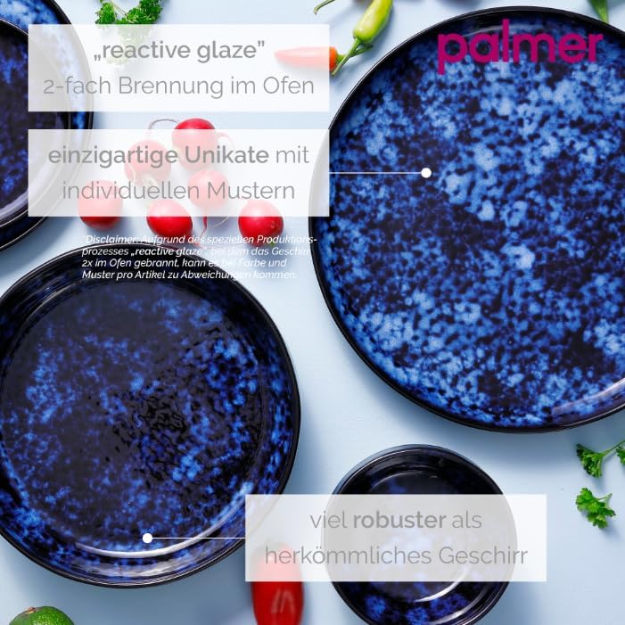palmer Bama Blue grosse tiefe Teller - 2er-Set - Steinzeug - Ø 22 cm - blau schwarz hochglanz - für