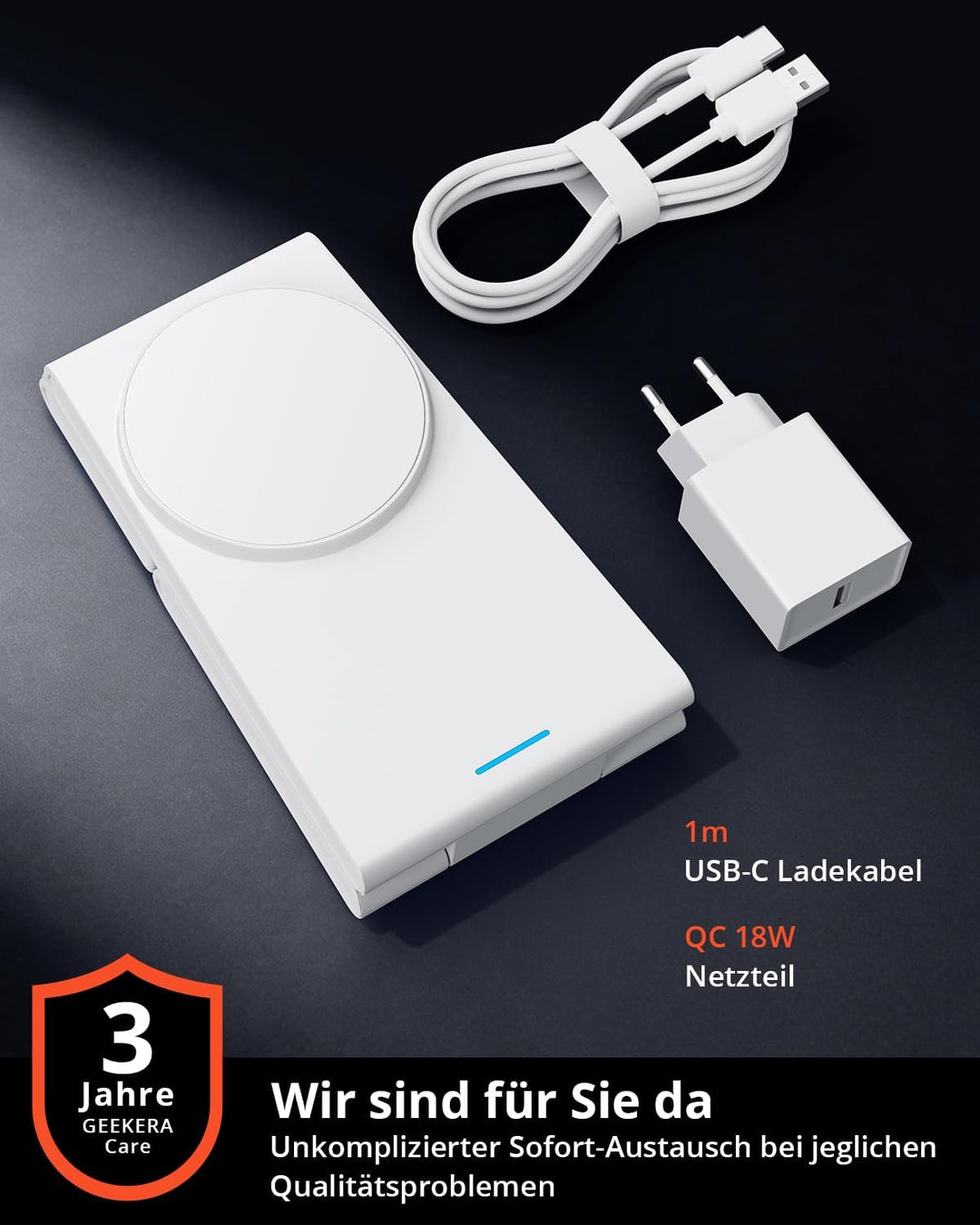 GEEKERA 3-in-1 Faltbar Ladegerät für Mag-Safe, Induktive Ladestation für Apple Watch und iPhone, Ind