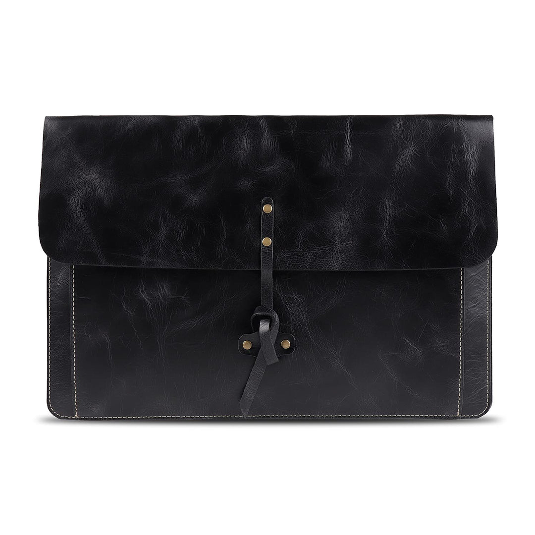Londo Real Grain Leather MacBook Pro Case with Front Pocket & Flap Closure (Schwarz, 15-16 Zoll), OT