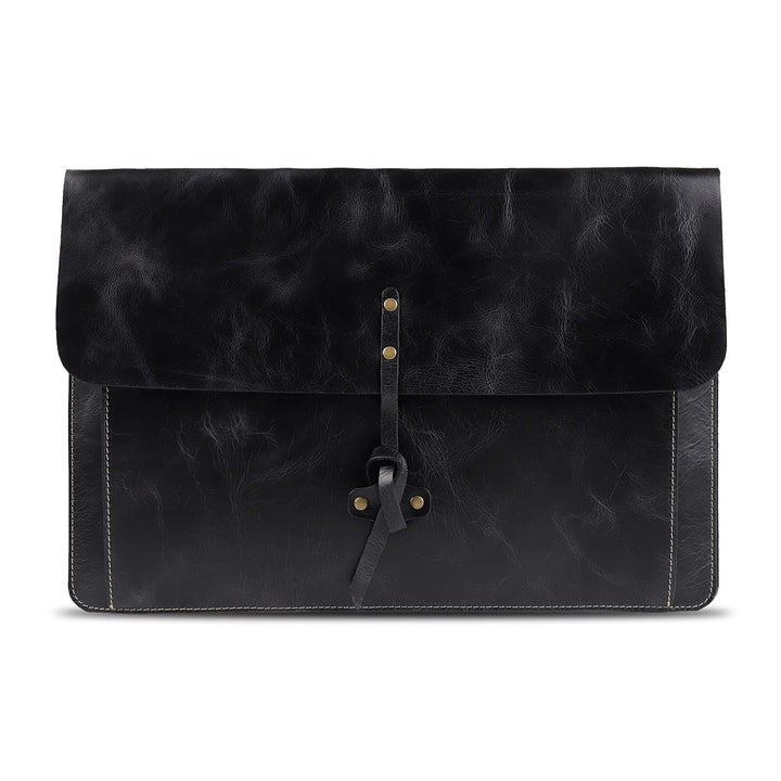Londo Real Grain Leather MacBook Pro Case with Front Pocket & Flap Closure (Schwarz, 15-16 Zoll), OT