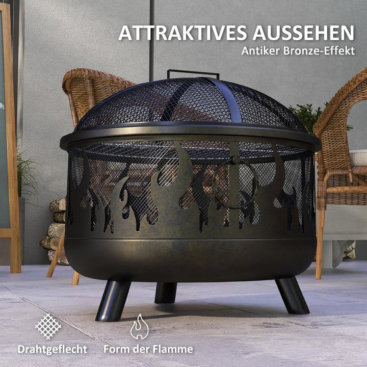 Outsunny 2-in-1 Feuerschale Feuerkorb Feuerstelle mit Funkenschutz Grillrost für Garten BBQ Metall S