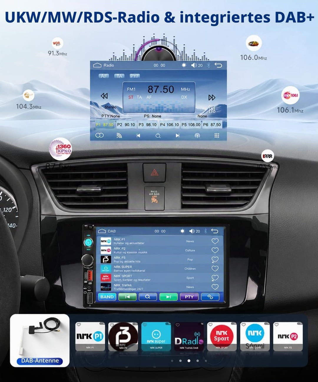 Hodozzy DAB/DAB+ Autoradio 2 Din Wireless Carplay Android Auto mit 7 Zoll IPS Bildschirm, Autoradio