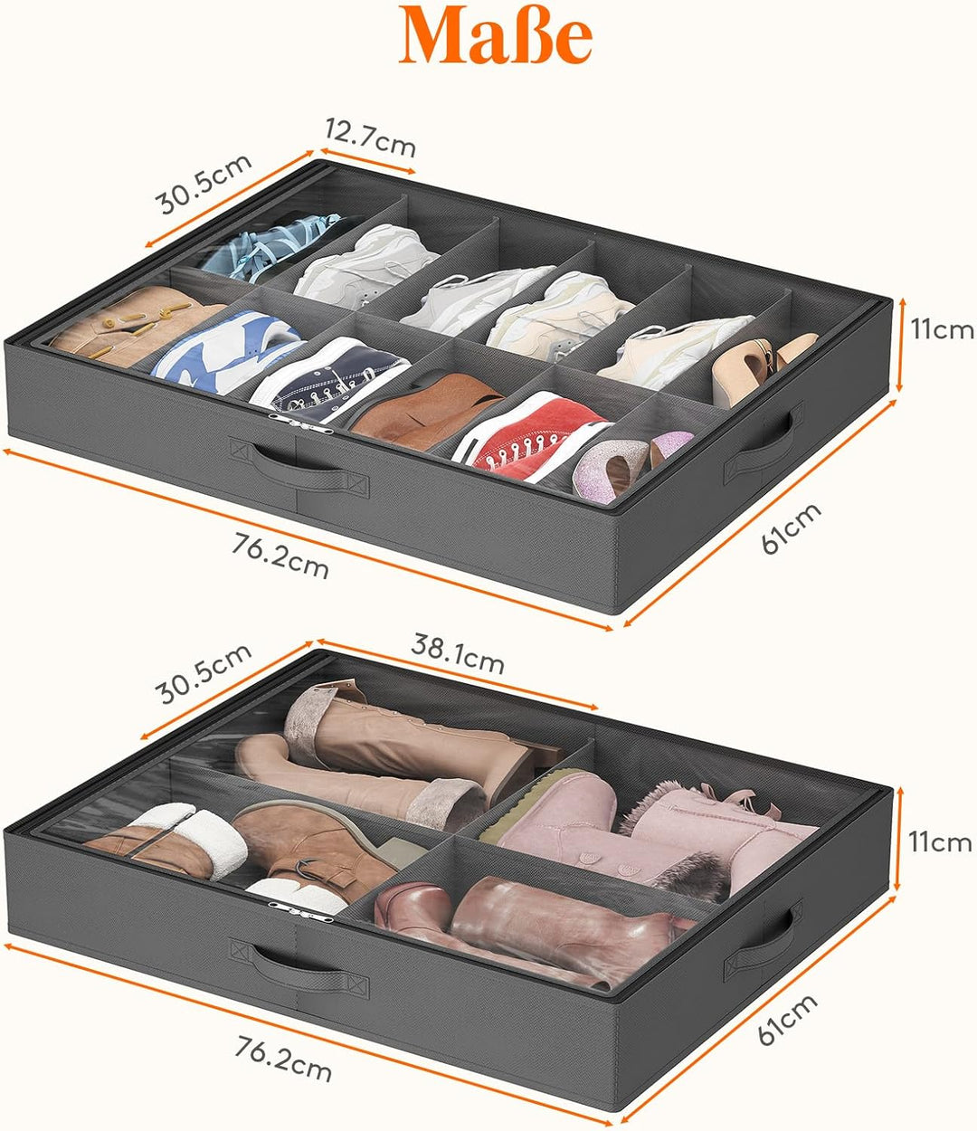 Lifewit Unter-dem-Bett-Schuhbox, 2er-Pack (12+4 Paar), 11 cm hohe Stoffbox faltbar mit transparentem