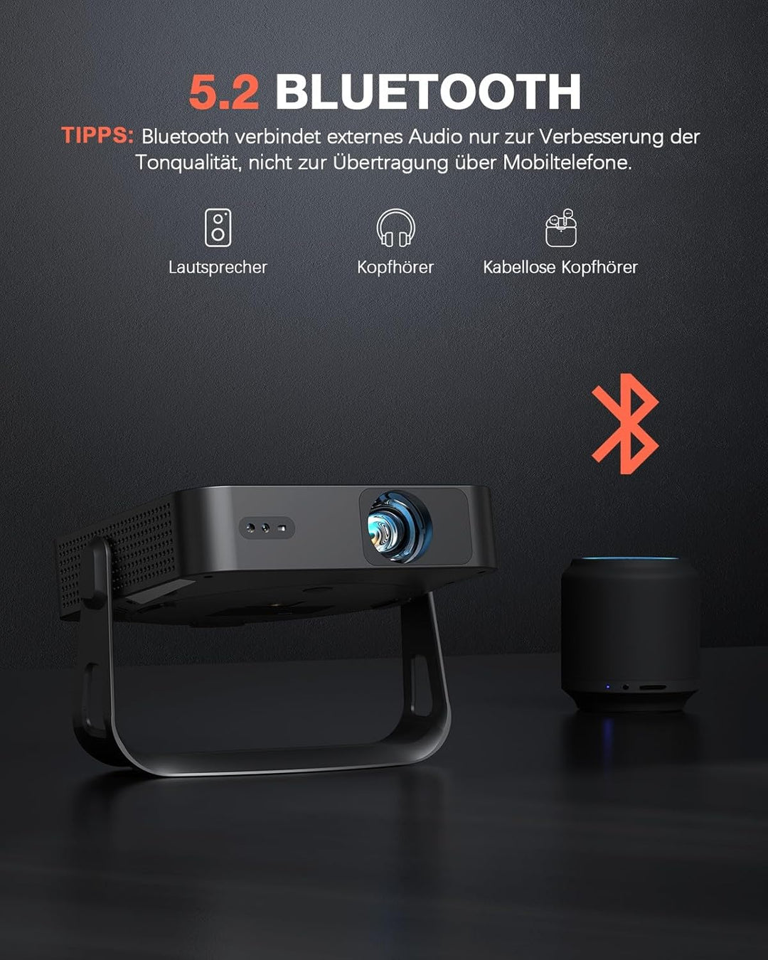 Mini Beamer【Autofokus/Trapezkorrektur】 Projektor 1080P Full HD 500ANSI WiFi6 Bluetooth 4K Unterstütz