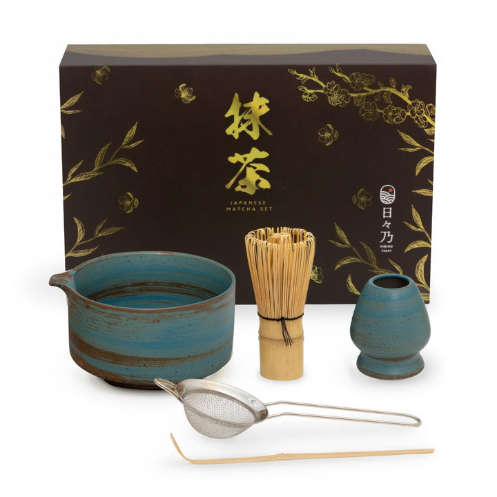 HIBINO Japanisches Matcha Set – Matcha Schale mit Ausguss, Matcha Besen & Halter, Bambus Löffel & Ed