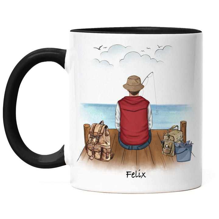 Angler Tasse Schwarz Personalisiert Individuell mit Name Angeln Fischen Geschenk Opa Vater zum Vater