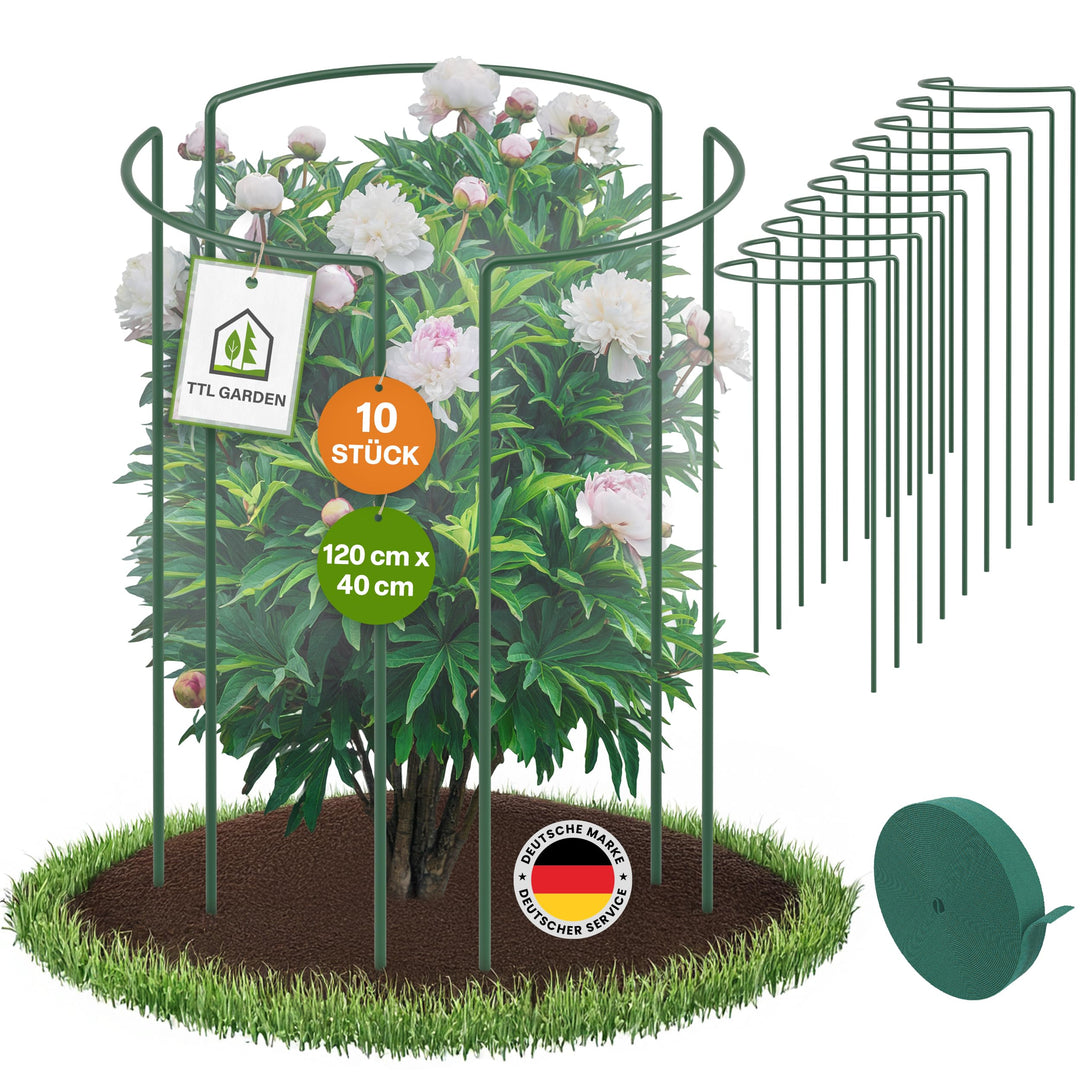 TTL GARDEN Strauchstützen 120cmx40cm 10er Set + Klettband - Pflanzenstütze | Stahl rostfrei Kunststo